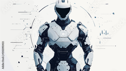 The image presents a full-body rendering of a futuristic robot.  The robot is humanoid in form, clad in sleek, white and grey metallic armor.  The armor appears segmented and highly