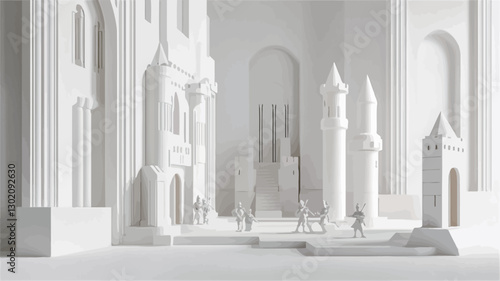 The image presents a detailed architectural model of a cityscape rendered entirely in white.  The model features various buildings of differing heights and styles, including towers, arches,