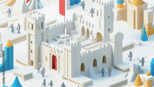 The image is a digital rendering of an isometric low-poly scene depicting a central white castle structure surrounded by smaller buildings and figures.  The color palette is predominantly