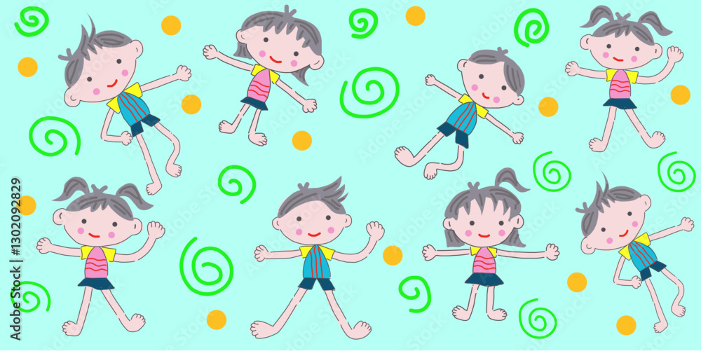 Children seamless background vector featuring playful boys and girls with colorful elements on a light backdrop. Children seamless background vector featuring playful boys and girls with colorful elements on a light backdrop.