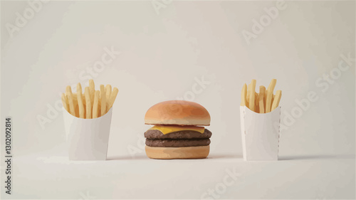 Close-up studio shot of a cheeseburger positioned centrally between two containers of french fries against a plain white background. The burger features two patties, cheese, and a sesame