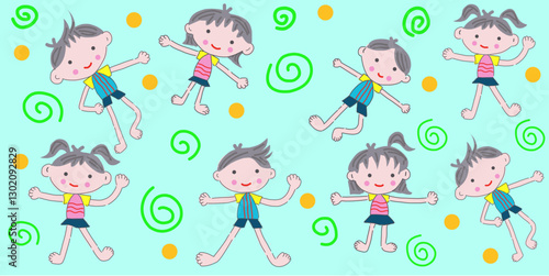 Children seamless background vector featuring playful boys and girls with colorful elements on a light backdrop.
