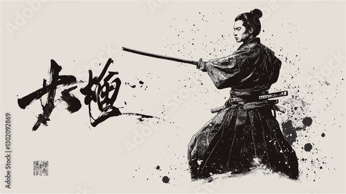 The image is a monochrome illustration or painting depicting a samurai warrior in a dynamic pose, wielding a bokken (wooden sword). The style is reminiscent of traditional Japanese ink