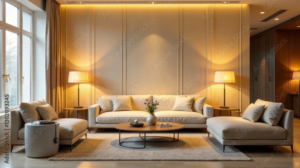Fototapeta premium Serene Living Room Interior Design with Warm Lighting, Elegant Furniture, and Soft Textures