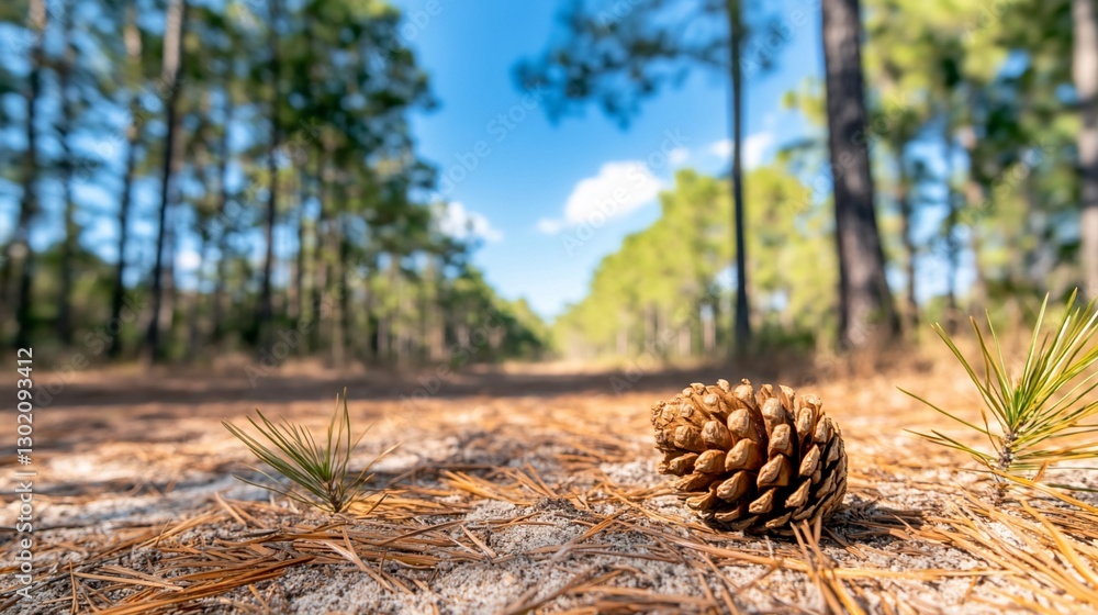 Pine cone on forest path, sunny day Pine cone on forest path, sunny day