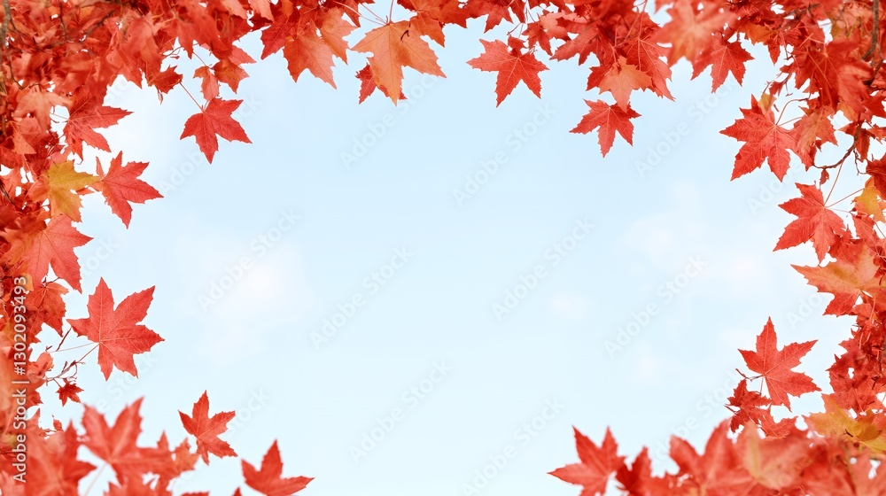 Red Maple Leaves Frame Against Blue Sky Autumn Background Red Maple Leaves Frame Against Blue Sky Autumn Background