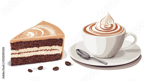 A digital illustration depicting a slice of layered chocolate cake with a coffee-flavored topping and a cup of cappuccino with latte art.  A few coffee beans are scattered near the cake.