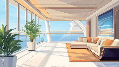 A digital illustration depicting a modern, spacious living room with floor-to-ceiling windows offering a panoramic ocean view. The room is brightly lit by sunlight streaming through the