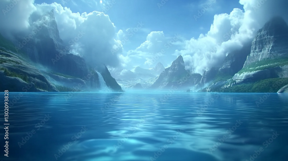 Fototapeta premium Serene mountain lake, cloudscape background, idyllic travel scene