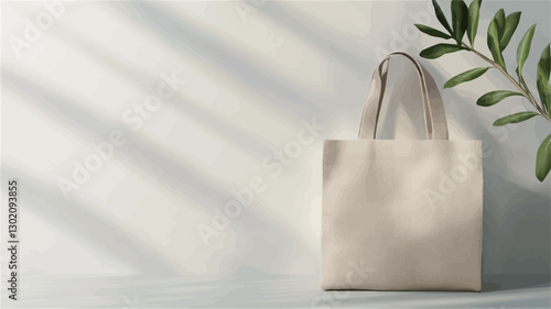 The image shows a beige or off-white tote bag standing upright on a light-colored surface.  An olive branch is placed next to the bag.  The background is a bright white wall with diagonal