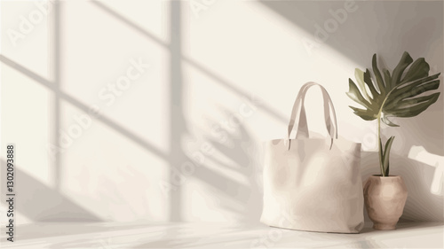 A high-angle, close-up shot depicts a beige tote bag standing upright next to a light beige pot containing a monstera deliciosa leaf.  The scene is set against a bright white wall, with