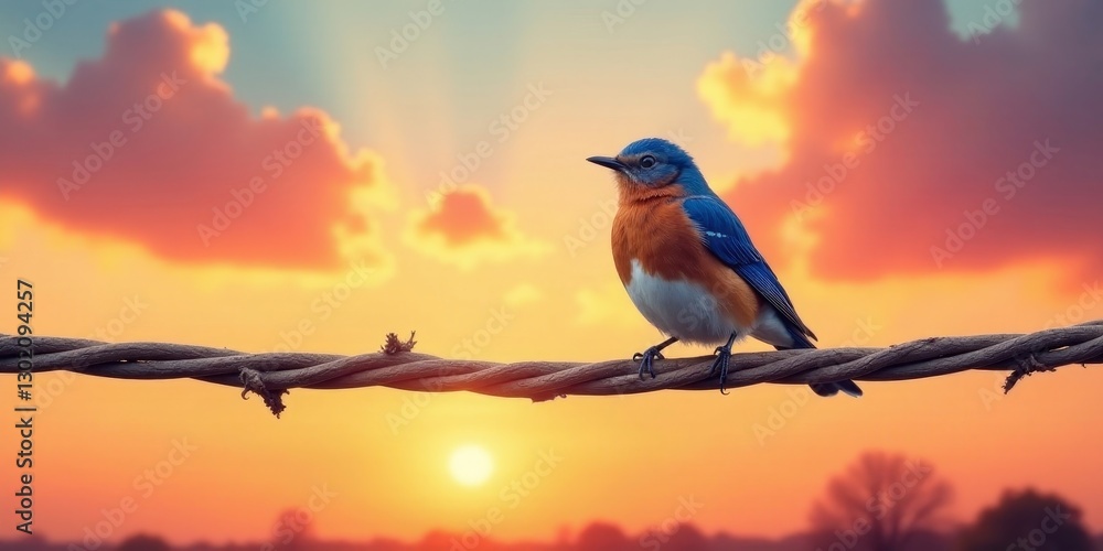 A Vibrant Bluebird Perched on a Twisted Wire Fence at Sunset, Silhouetted Against a Colorful Sky A Vibrant Bluebird Perched on a Twisted Wire Fence at Sunset, Silhouetted Against a Colorful Sky