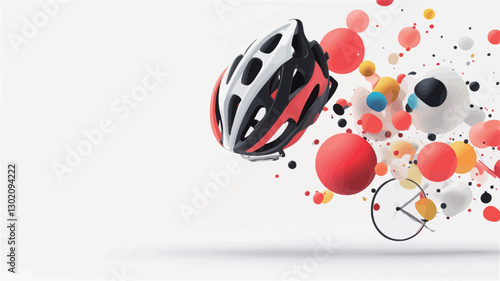 The image presents a red and white bicycle helmet in sharp focus, appearing to float against a white background.  Surrounding the helmet are numerous colorful spheres of varying sizes and