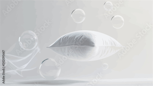 A digitally manipulated image depicting a white pillow seemingly floating in mid-air against a plain white background. Several translucent white bubbles of varying sizes surround the