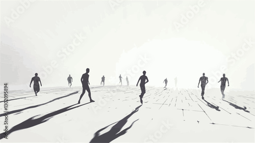 The image is a monochrome photograph depicting several human figures silhouetted against a dense fog or mist.  The figures appear to be running and walking in various directions across a