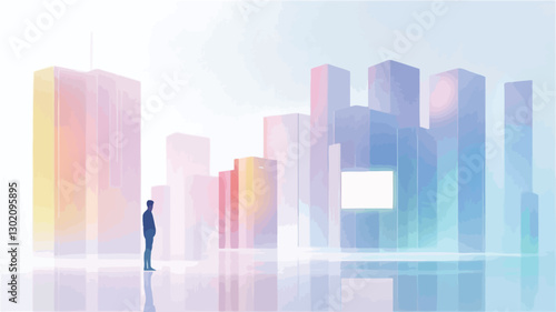 The image is a digital illustration depicting a minimalist cityscape rendered in soft pastel colors. The scene shows a single male silhouette standing in profile view, facing a cluster of