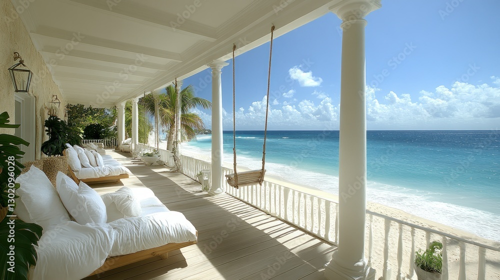 Fototapeta premium Tropical beachfront porch swing with ocean view