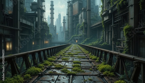 Overgrown Industrial Cityscape Futuristic Railway Bridge Pathway Nature Reclaiming Urban Ruins