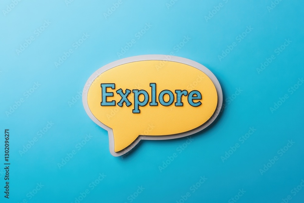 The word explore presented in a yellow speech bubble on blue The word explore presented in a yellow speech bubble on blue