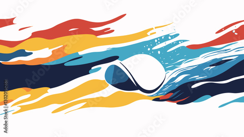 The image is a digital illustration featuring an abstract representation of a sports ball or similar object centrally located.  The object is rendered in lighter shades of blue and white,