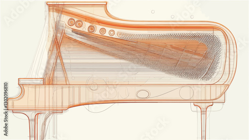 A digital illustration depicting a cutaway view of a grand piano's internal mechanism.  The image is rendered in shades of orange and translucent tones, showcasing the internal structure,