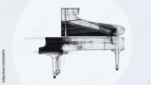 The image is a monochrome illustration of a grand piano. The piano is depicted in a translucent, almost ghost-like manner, with its form partially transparent, revealing a suggestion of
