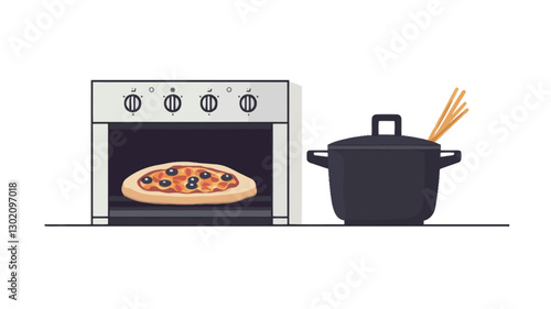 A digital illustration depicting a simplified, minimalist style oven with a pizza inside.  The pizza has visible toppings.  Beside the oven is a dark grey pot with a few strands of pasta