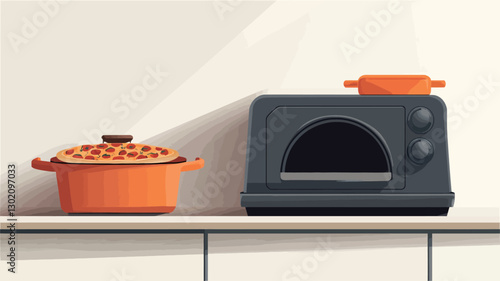 A digital illustration depicts a dark grey toaster oven and an orange casserole dish sitting on a light beige countertop against a white wall.  A smaller orange dish sits atop the toaster