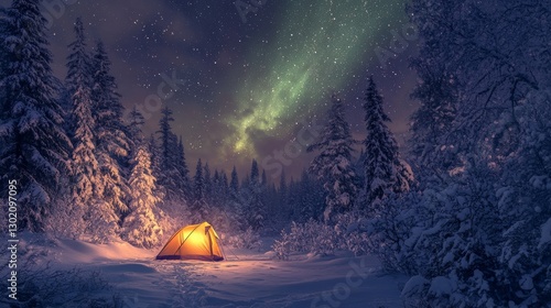 Solo camping tent glowing like paper lantern, nestled in snow covered clearing surrounded by frost covered evergreens, arctic night sky filled with dancing aurora borealis, extreme clarity star photo