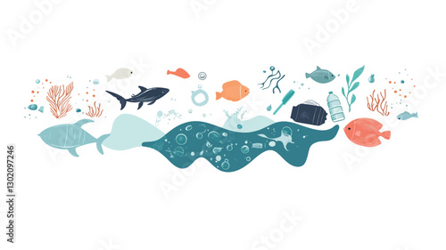 A digital illustration depicting a variety of marine life including fish of different shapes, sizes, and colors, a shark, coral, seaweed, and other aquatic elements.  The style is flat,