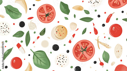 A seamless watercolor pattern depicting various elements of a Caprese salad.  The pattern features sliced tomatoes, mozzarella balls, basil leaves, black peppercorns, and small, scattered