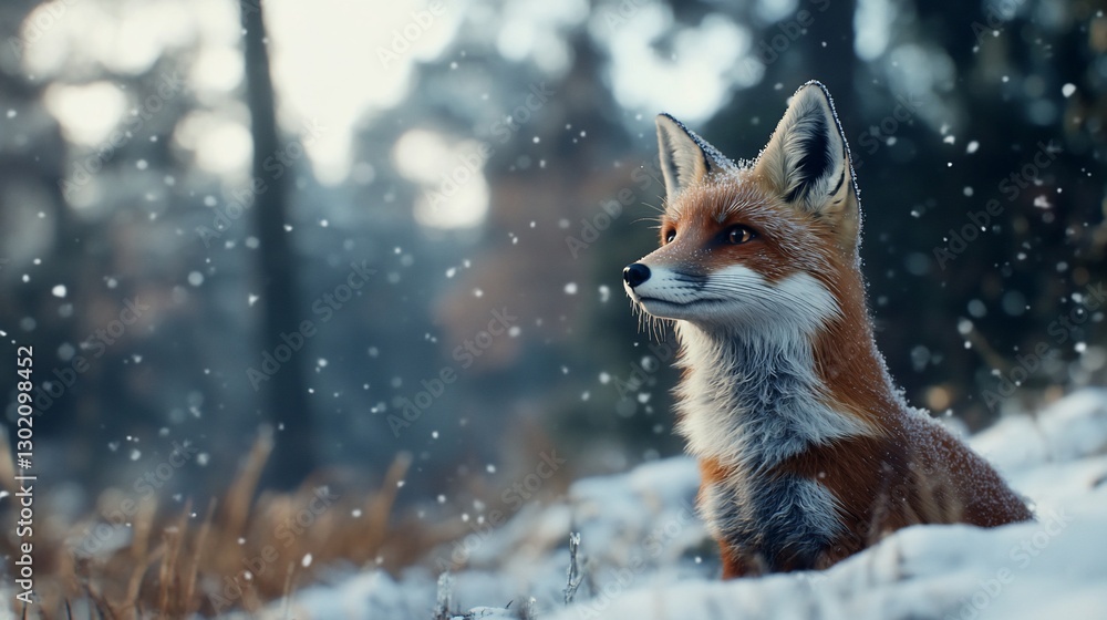 Fototapeta premium Red fox sitting in snowy winter forest
