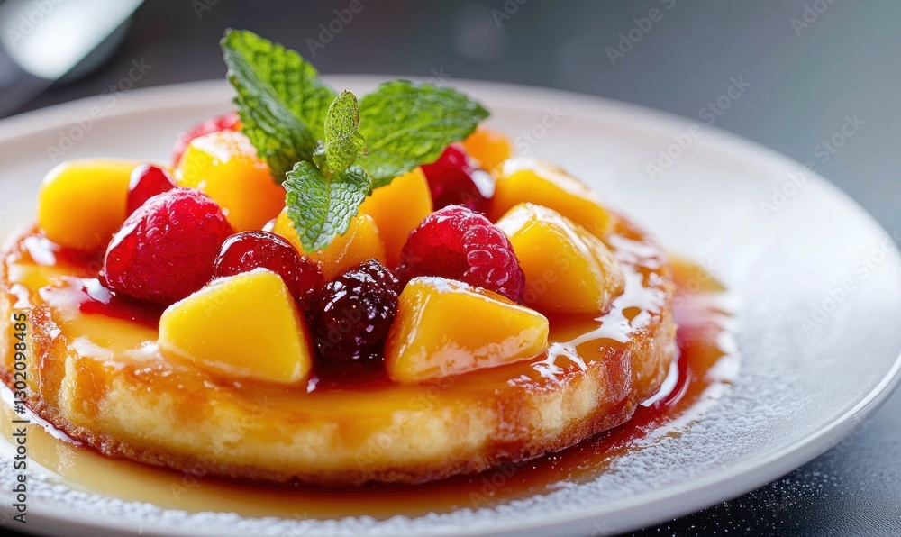 Delicious Mango and Raspberry Flan with Mint Garnish Delicious Mango and Raspberry Flan with Mint Garnish