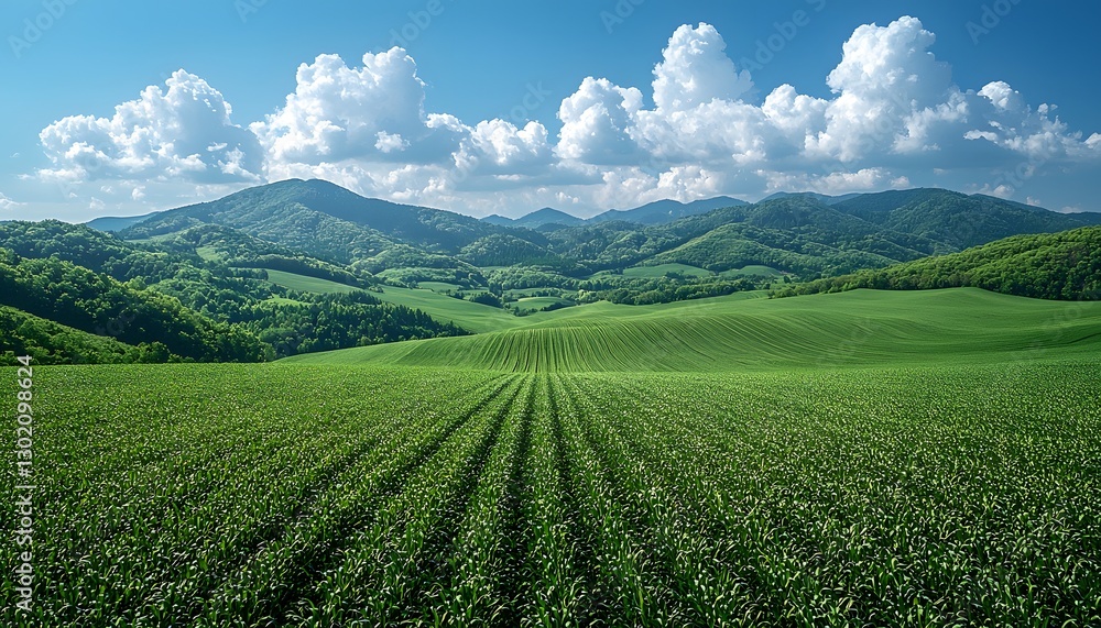 Lush Green Fields Under Blue Sky with Fluffy White Clouds Lush Green Fields Under Blue Sky with Fluffy White Clouds