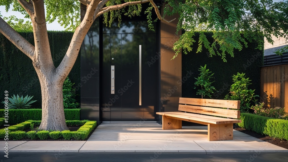 The combination of the sleek black door and the natural elements of the tree and bench gives the home a modern yet inviting feel,entrance to the house The combination of the sleek black door and the natural elements of the tree and bench gives the home a modern yet inviting feel,entrance to the house