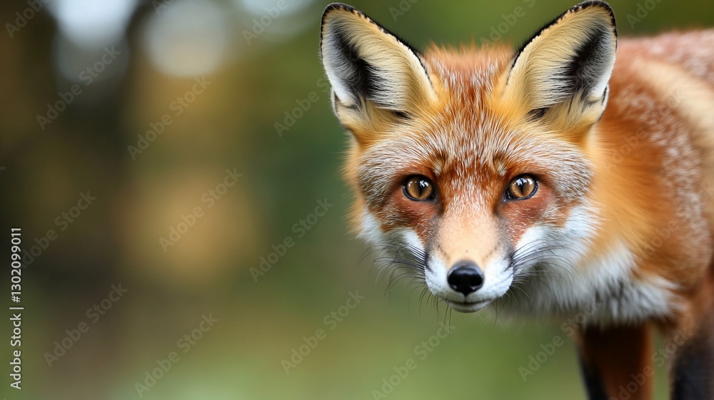 Fototapeta premium Red fox staring, autumn woods background