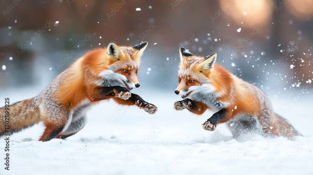 Red Foxes Playfully Sparring in Snowy Forest Red Foxes Playfully Sparring in Snowy Forest