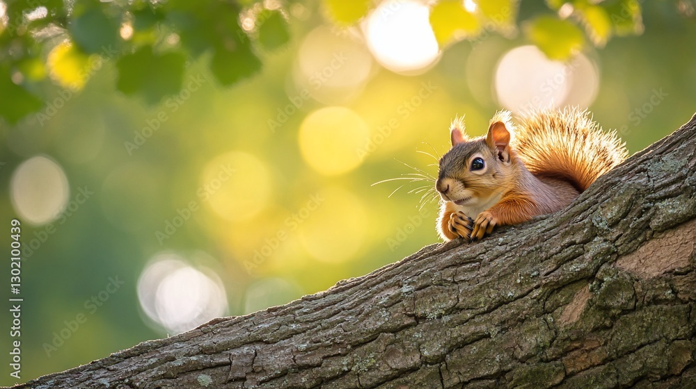 Red Squirrel on Branch, Sunlit Tree, Forest Red Squirrel on Branch, Sunlit Tree, Forest