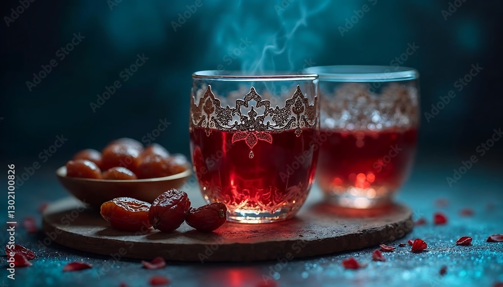 Ramadan Kareem still life with dates, traditional tea, and rose petals for iftar feast Ramadan Kareem still life with dates, traditional tea, and rose petals for iftar feast
