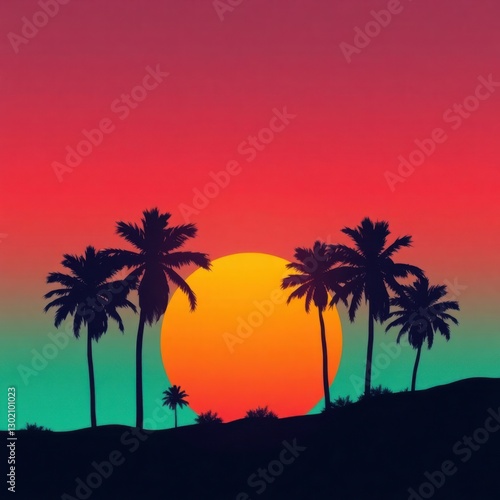 Palm trees silhouetted against a vibrant sunset with red, orange, and green hues creating a warm tropical scene.