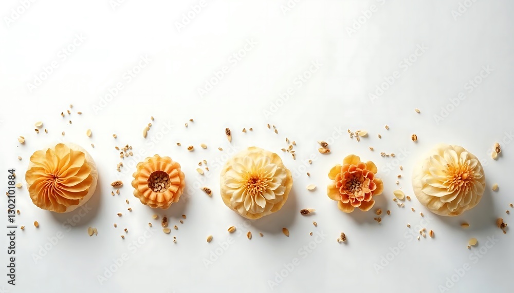 Obraz premium Floral arrangement with pastel yellow and orange flowers on white background, top view