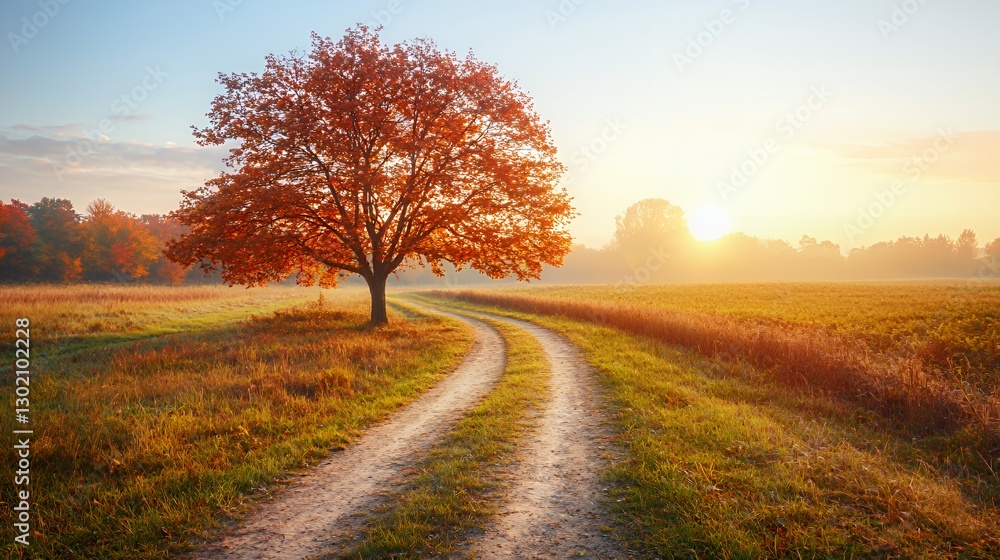 Solitary Autumn Tree on a Misty Field Path at Sunrise Solitary Autumn Tree on a Misty Field Path at Sunrise