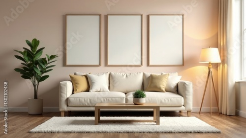 Serene Living Room Interior Design with Neutral Tones and Minimalist Decor Featuring a Comfortable Sofa, Stylish Coffee Table, and Elegant Floor Lamp