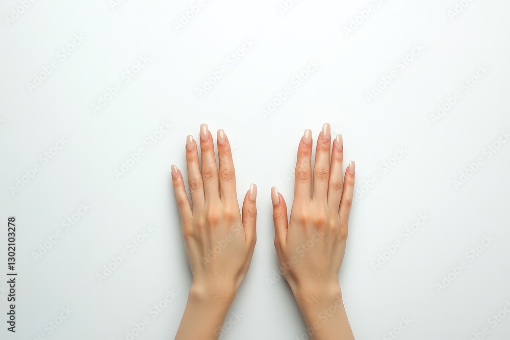 Two hands with long nails are positioned against white background Two hands with long nails are positioned against white background