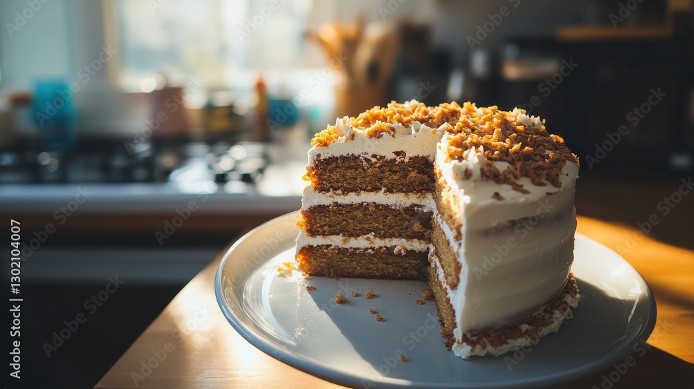 Creamy Layered Cake with Frosting and Nuts on a Rustic Table Creamy Layered Cake with Frosting and Nuts on a Rustic Table
