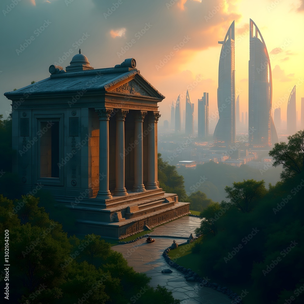 Obraz premium A Journey Through Time: Stone Temple and Glowing Metropolis in Harmony