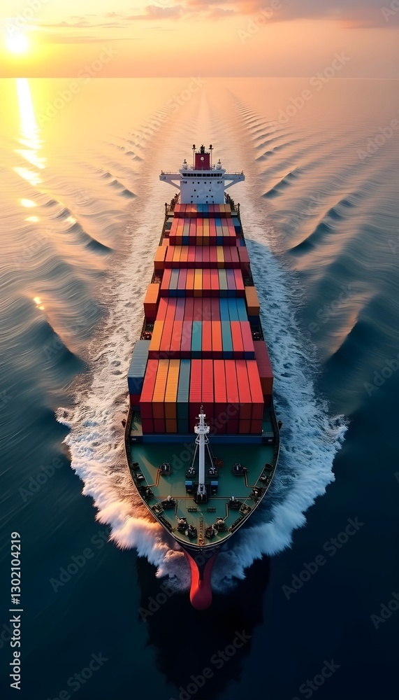An aerial top-down view of a massive cargo container ship sailing through the ocean, representing global trade, freight shipping, and logistics transportation.