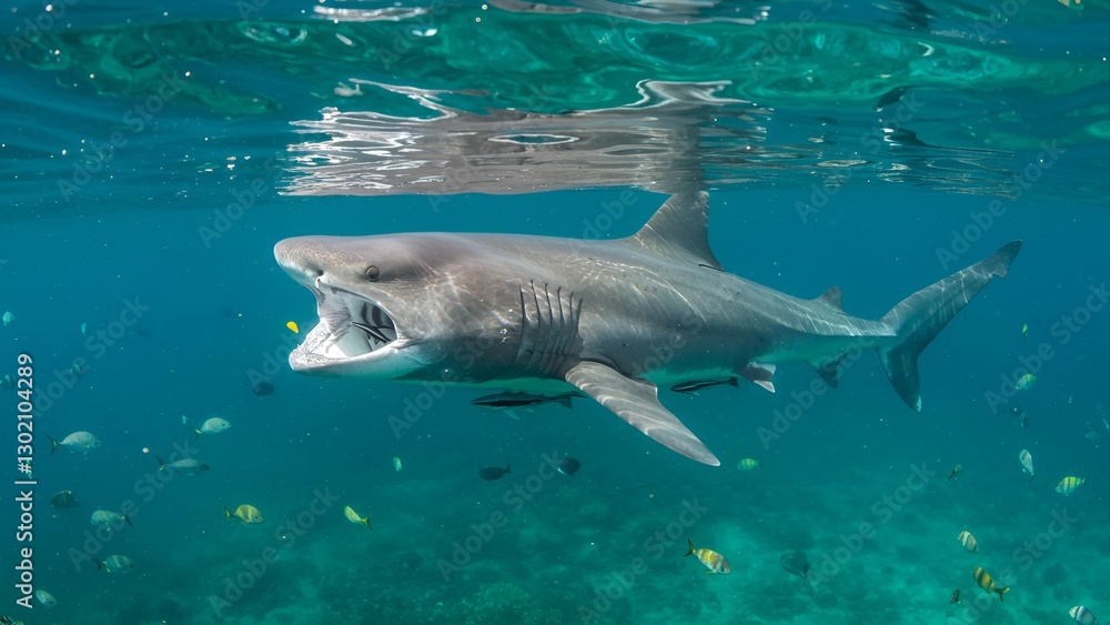 Fototapeta premium A stunning depiction of a basking shark (Cetorhinus maximus) gracefully gliding through the deep blue ocean