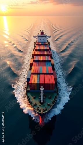 Obraz na płótnie An aerial top-down view of a massive cargo container ship sailing through the ocean, representing global trade, freight shipping, and logistics transportation.
w salonie