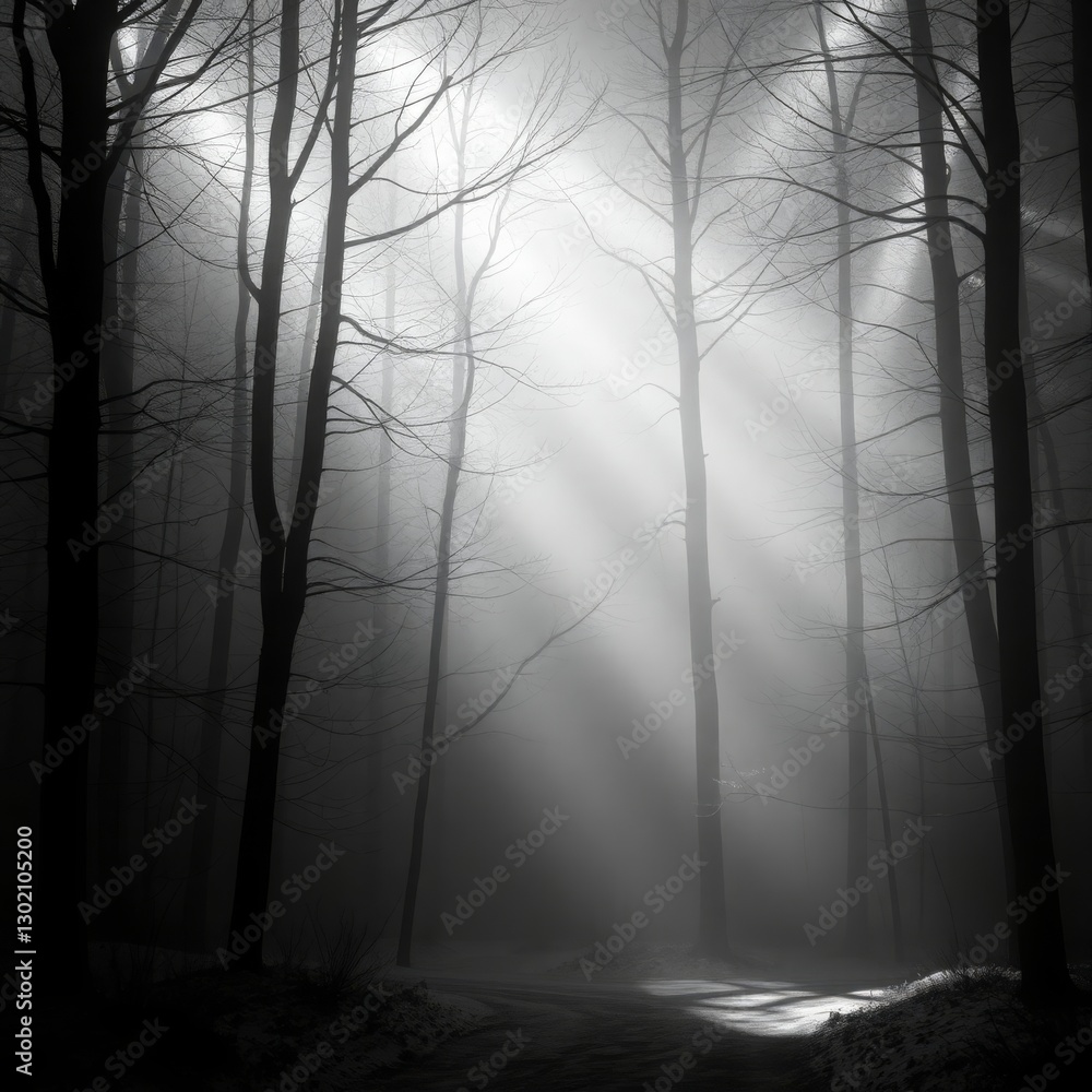 Obraz premium Generative AI Ethereal Fog in Silent Winter Woods forest fog trees path winter monochrome black and white sun rays mist woods mystery serenity isolation mood peace - Lasting impression.